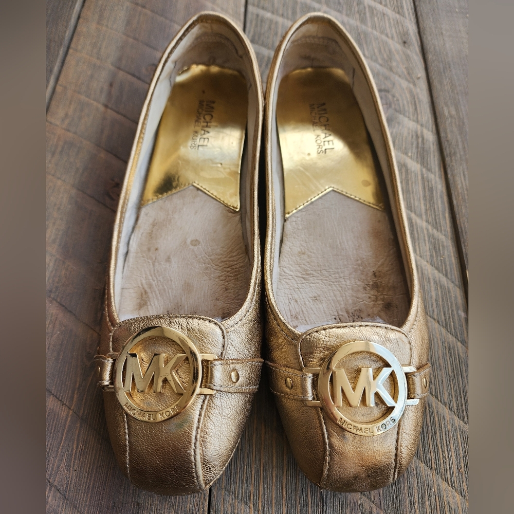 Michael Kors Gold Metallic Monogram Flats Sandals Loafers 8.5